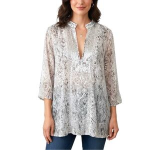 Chico's 2 Silver Sequin Snakeskin Patterned Sheer Tunic Top Blouse Large
